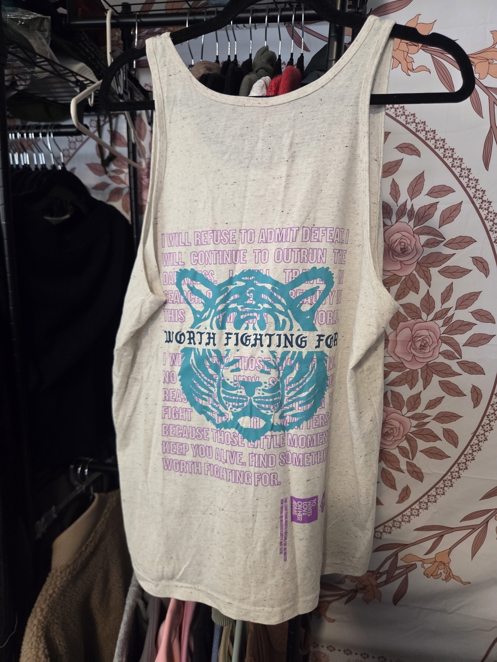 Cream Graphic Tank Top with Teal Tiger Print